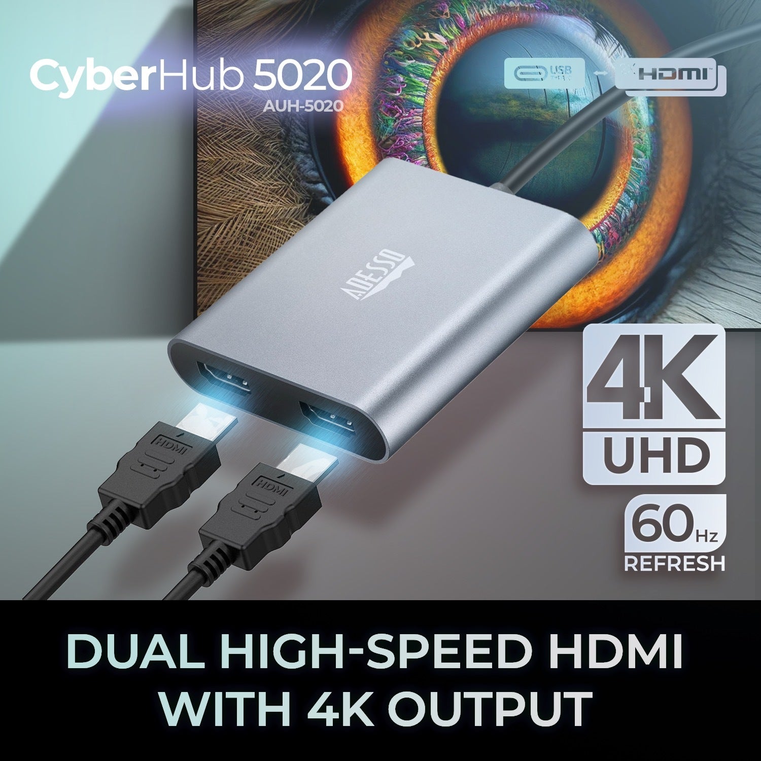 Adesso - Adaptateur USB-C vers 2 Ports HDMI CyberHub 5020, Débit 4K Haute Vitesse - Simple Boutique