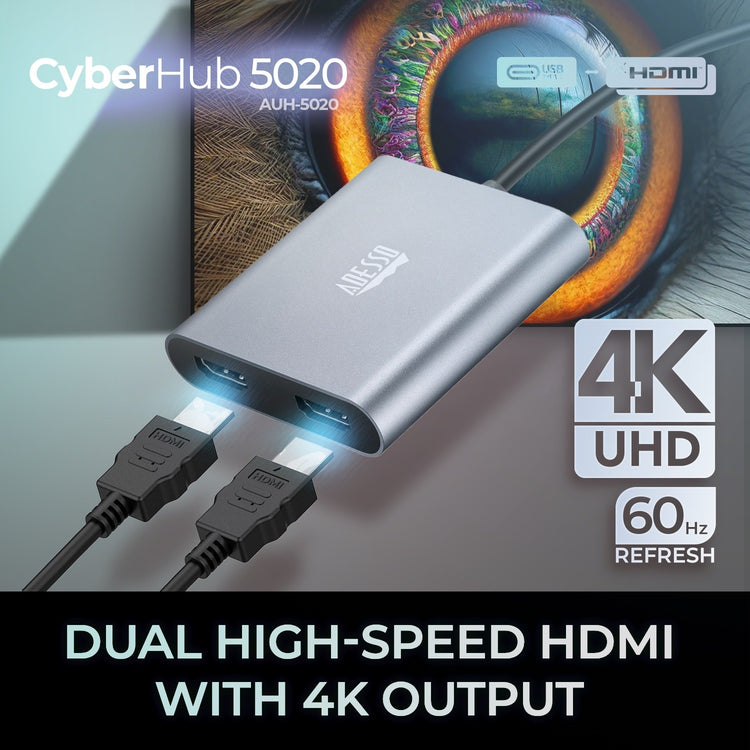 Adesso - Adaptateur USB-C vers 2 Ports HDMI CyberHub 5020, Débit 4K Haute Vitesse - Simple Boutique
