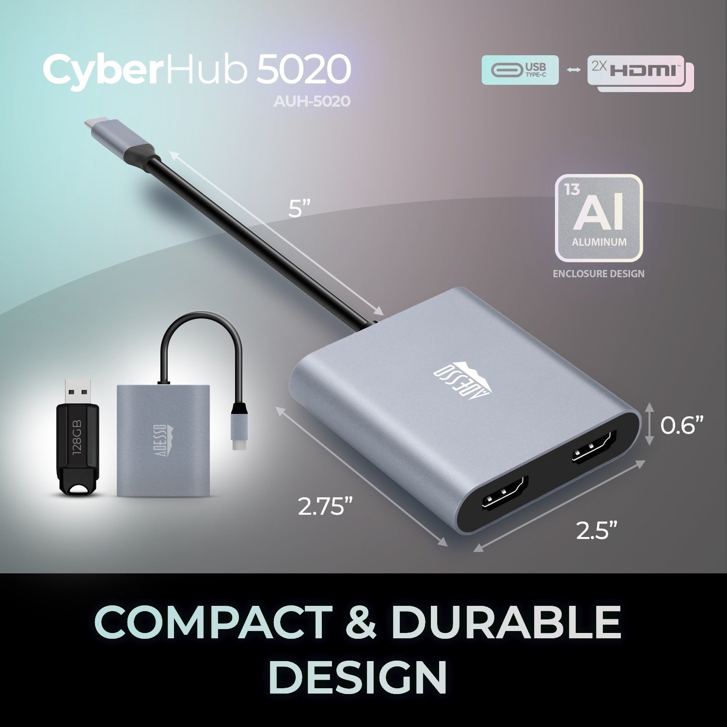 Adesso - Adaptateur USB-C vers 2 Ports HDMI CyberHub 5020, Débit 4K Haute Vitesse - Simple Boutique