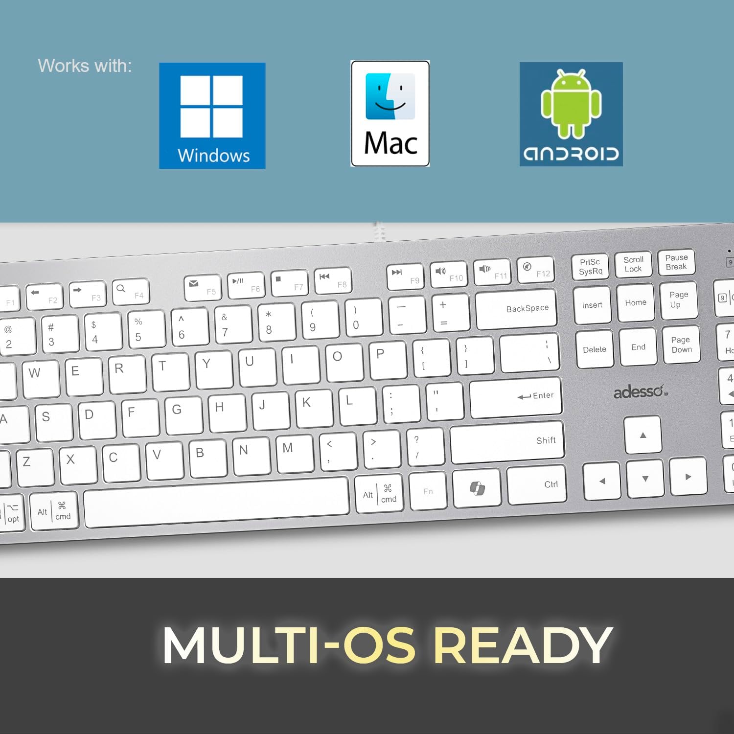 Adesso - Clavier Filaire USB-C avec Raccourci Co-Pilot, Prise USB-A, USB-C et 3.5mm, Gris - Simple Boutique