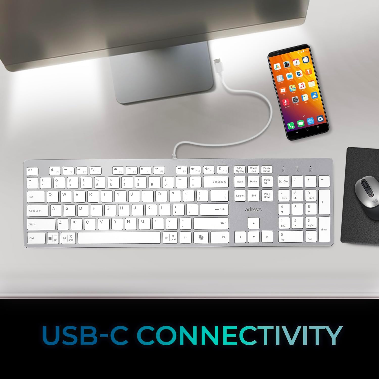 Adesso - Clavier Filaire USB-C avec Raccourci Co-Pilot, Prise USB-A, USB-C et 3.5mm, Gris - Simple Boutique