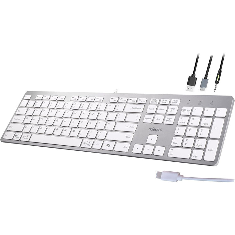 Adesso - Clavier Filaire USB-C avec Raccourci Co-Pilot, Prise USB-A, USB-C et 3.5mm, Gris - Simple Boutique