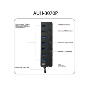 Adesso - HUB USB 3.0 à 7 Ports Avec Interrupteur d'alimentation Individuel, Noir - Simple Boutique