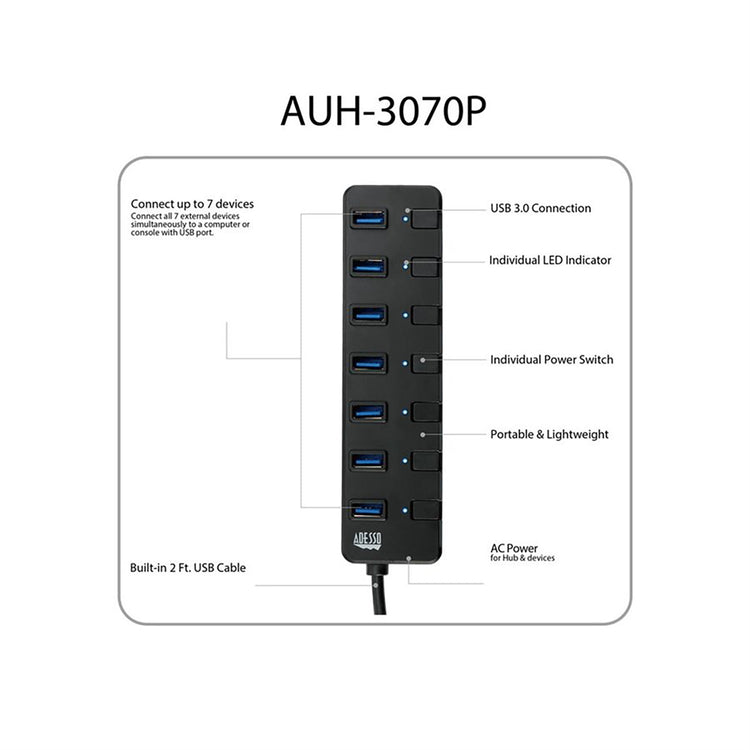 Adesso - HUB USB 3.0 à 7 Ports Avec Interrupteur d'alimentation Individuel, Noir - Simple Boutique