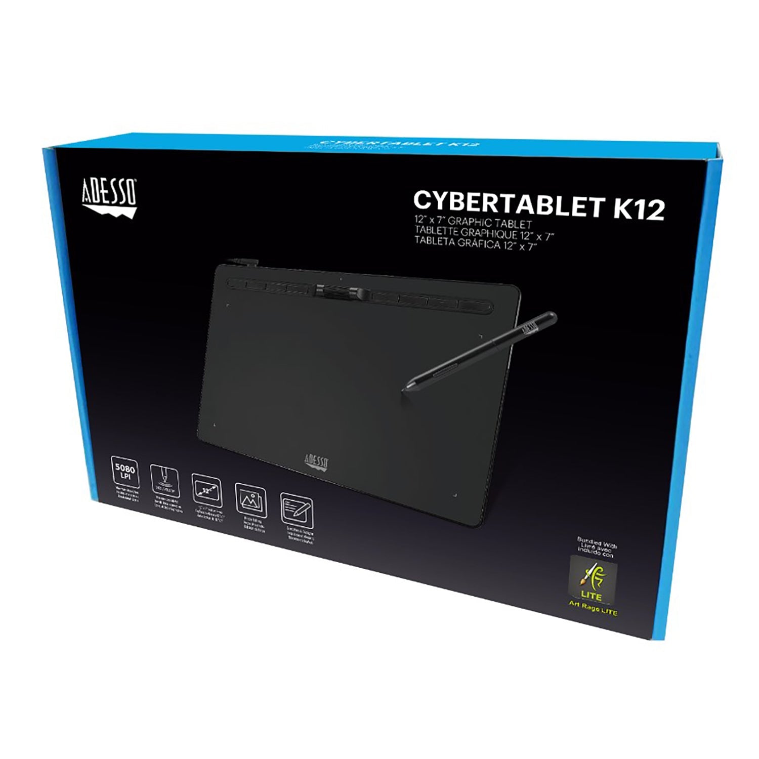 Adesso - Tablette Grapique avec Stylet, 12" x 7", 8 192 Niveaux de Sensibilité à la Pression, Noir - Simple Boutique