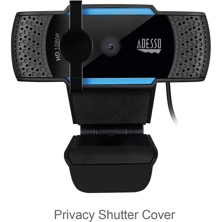 Adesso - WebCam HD 1080P, Mise au Point Automatique, Double Microphone Intégré, Bleu - Simple Boutique