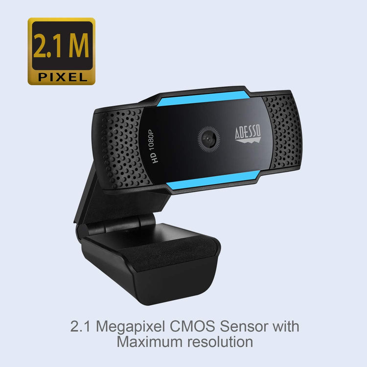 Adesso - WebCam HD 1080P, Mise au Point Automatique, Double Microphone Intégré, Bleu - Simple Boutique