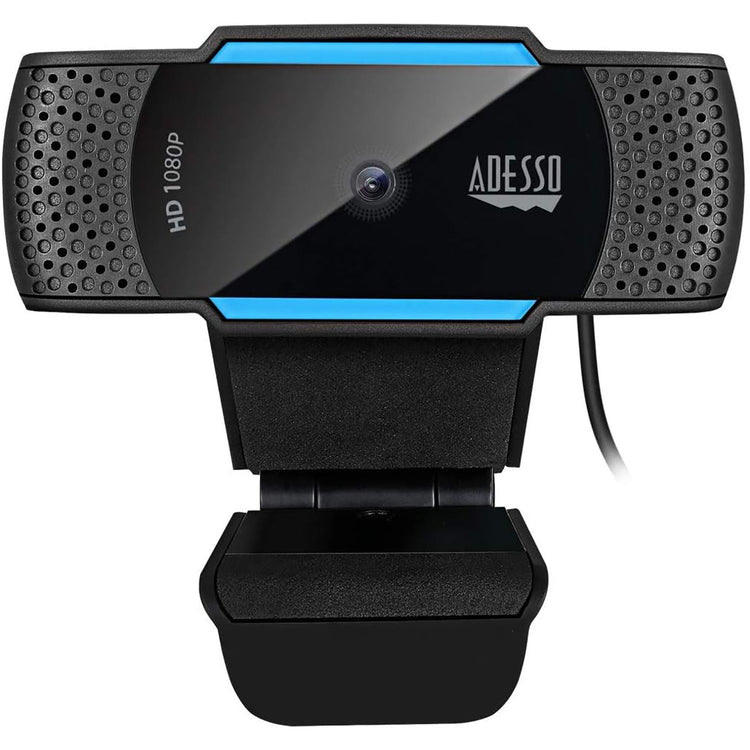 Adesso - WebCam HD 1080P, Mise au Point Automatique, Double Microphone Intégré, Bleu - Simple Boutique