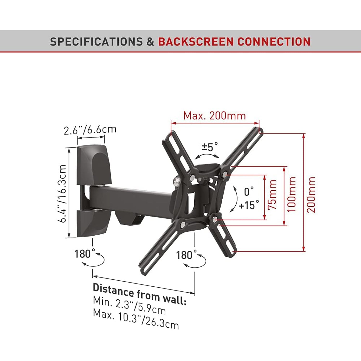 Barkan - Support pour Téléviseur Mural Full Motion, Pour Écran Plat ou Incurvé de 13" à 43", Maximum 25kg - Simple Boutique
