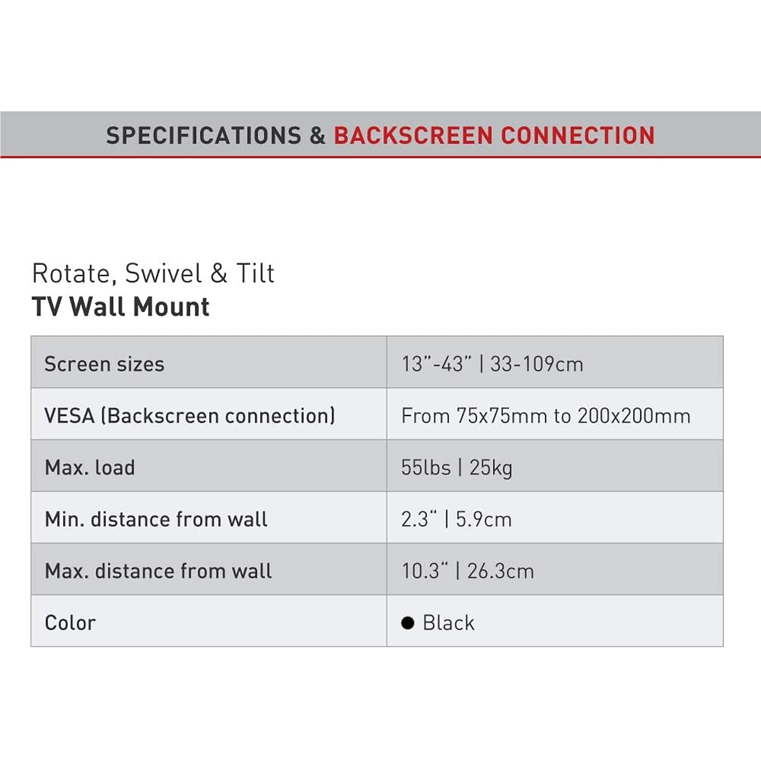 Barkan - Support pour Téléviseur Mural Full Motion, Pour Écran Plat ou Incurvé de 13" à 43", Maximum 25kg - Simple Boutique