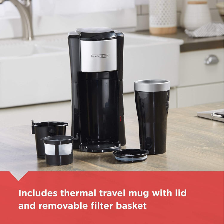 Black + Decker - Cafetière à Portion Unique Pour Café Moulu Ou Dosettes, Comprend une Tasse Isotherme, Noir - Simple Boutique