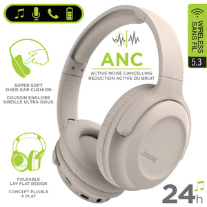 Boost - Casque d'écoute Sans Fil, Réduction de Bruit Active, Microphone Intégré, Beige - Simple Boutique