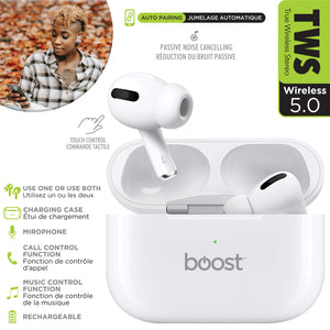 Boost - Écouteurs Intra-Auriculaires Sans-Fil avec Commandes Tactiles et Boitier de Recharge, Blanc - Simple Boutique