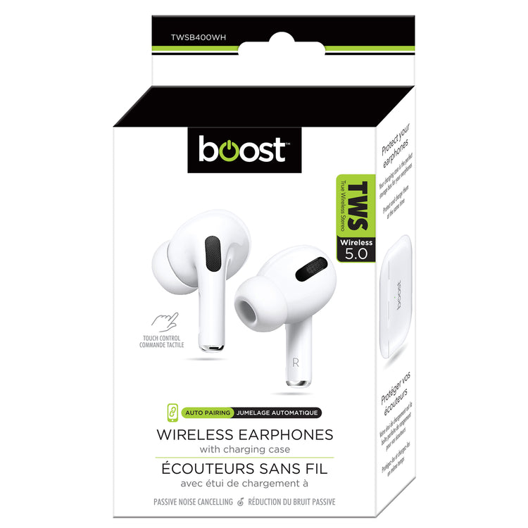 Boost - Écouteurs Intra-Auriculaires Sans-Fil avec Commandes Tactiles et Boitier de Recharge, Blanc - Simple Boutique