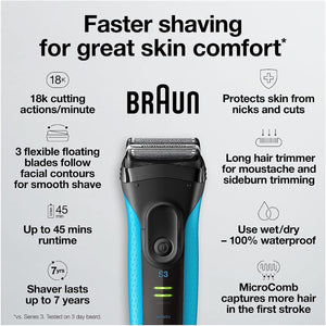 Braun - Rasoir Électrique 3 en 1 Rechargeable Series 3 Proskin, Utilisation Sec ou Humide, Bleu - Simple Boutique