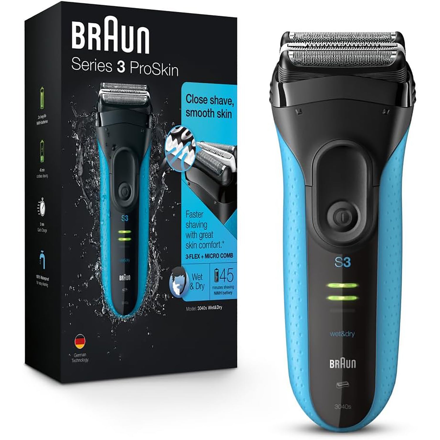 Braun - Rasoir Électrique 3 en 1 Rechargeable Series 3 Proskin, Utilisation Sec ou Humide, Bleu - Simple Boutique