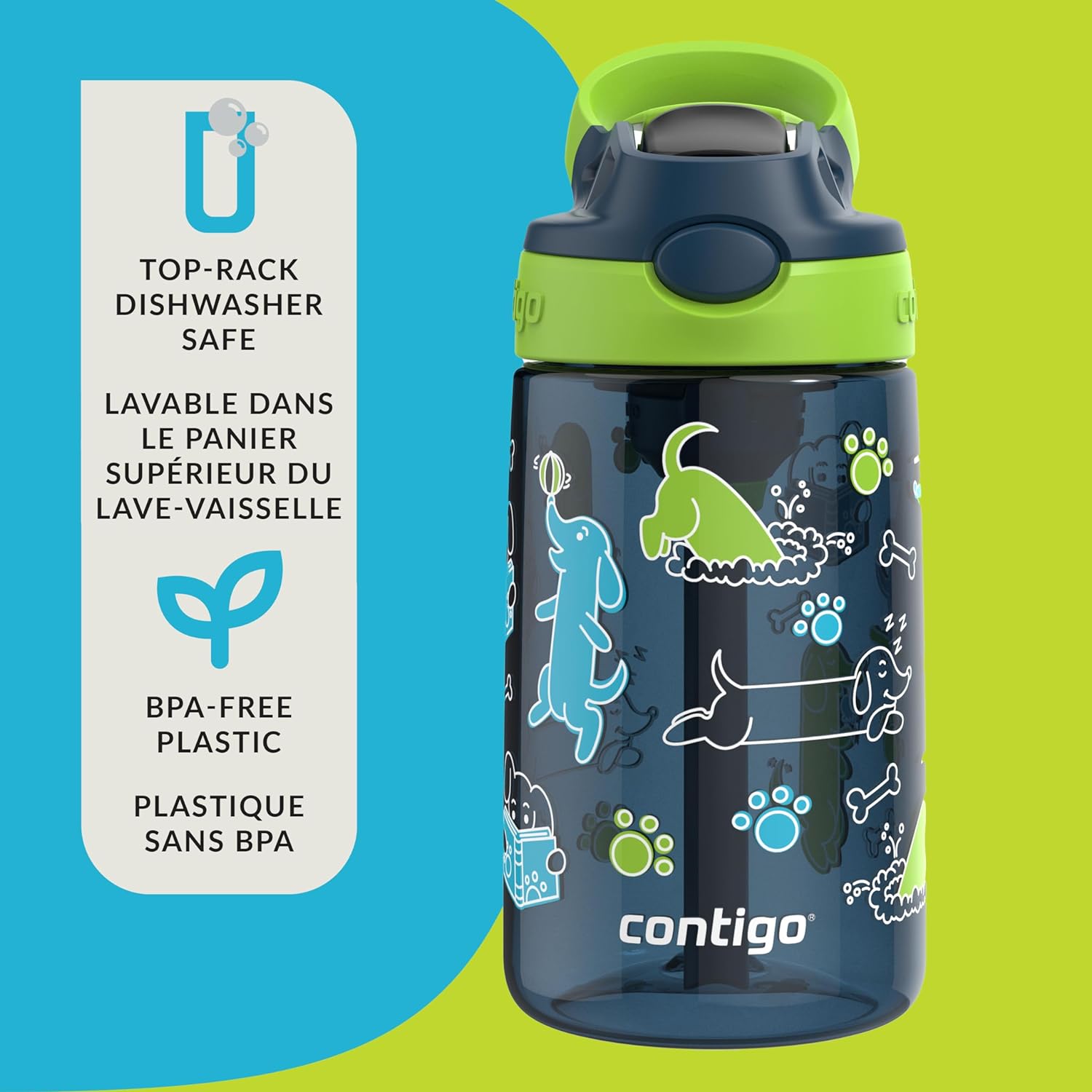 Contigo - Bouteille d'eau Pour Enfant, Couvercle Anti-fuite, Capacité de 414ml, Motif de Chien - Simple Boutique