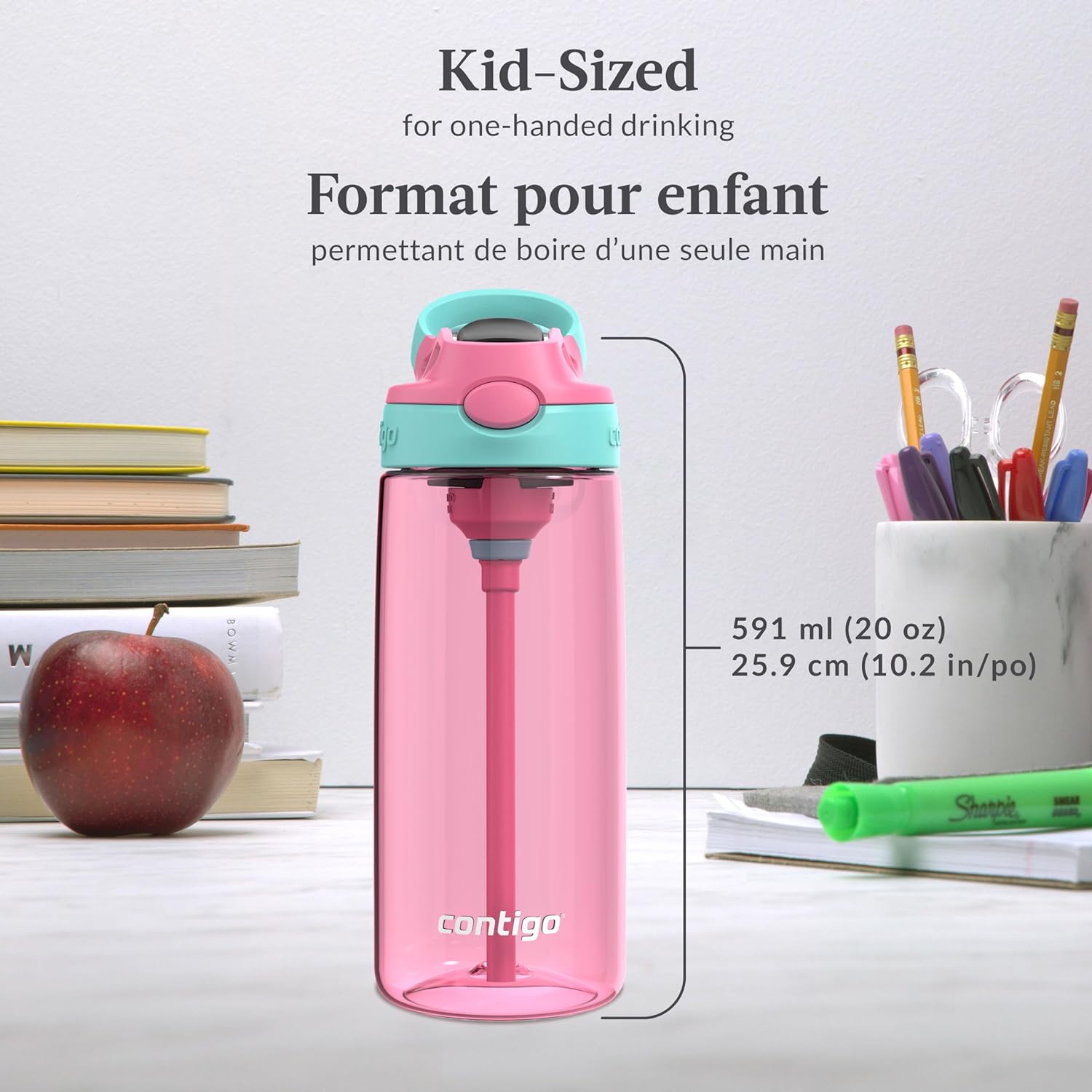 Contigo - Bouteille d'eau Pour Enfant, Couvercle Anti-fuite, Capacité de 591ml, Rose - Simple Boutique