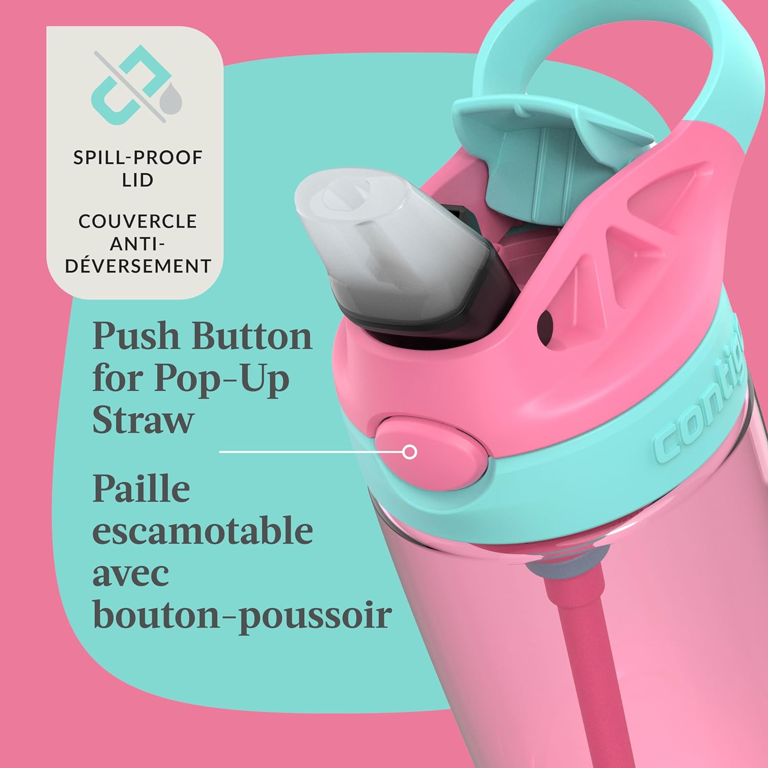 Contigo - Bouteille d'eau Pour Enfant, Couvercle Anti-fuite, Capacité de 591ml, Rose - Simple Boutique