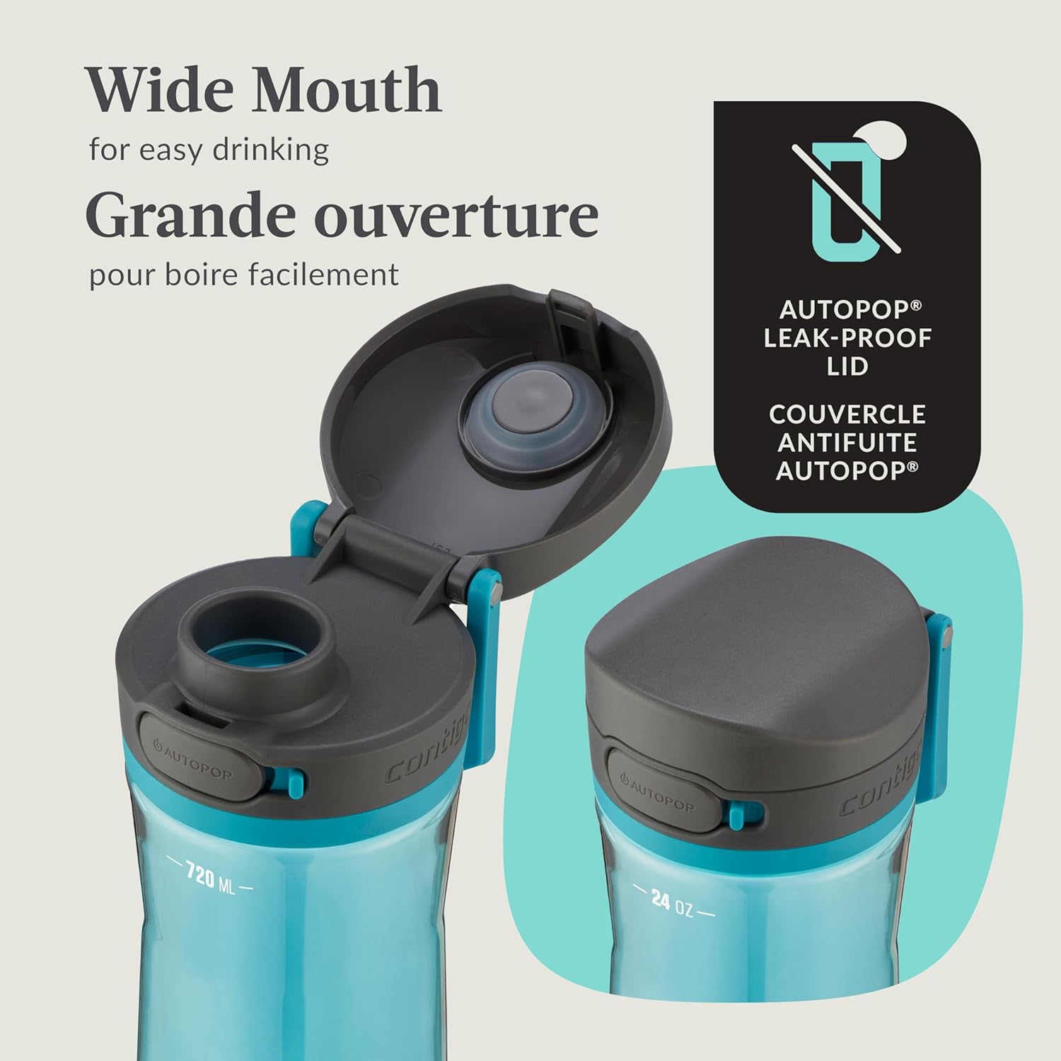 Contigo - Bouteille d'eau avec Couvercle Anti-fuite et Verrouillage, Sans BPA, Capacité de 709ml, Turquoise - Simple Boutique