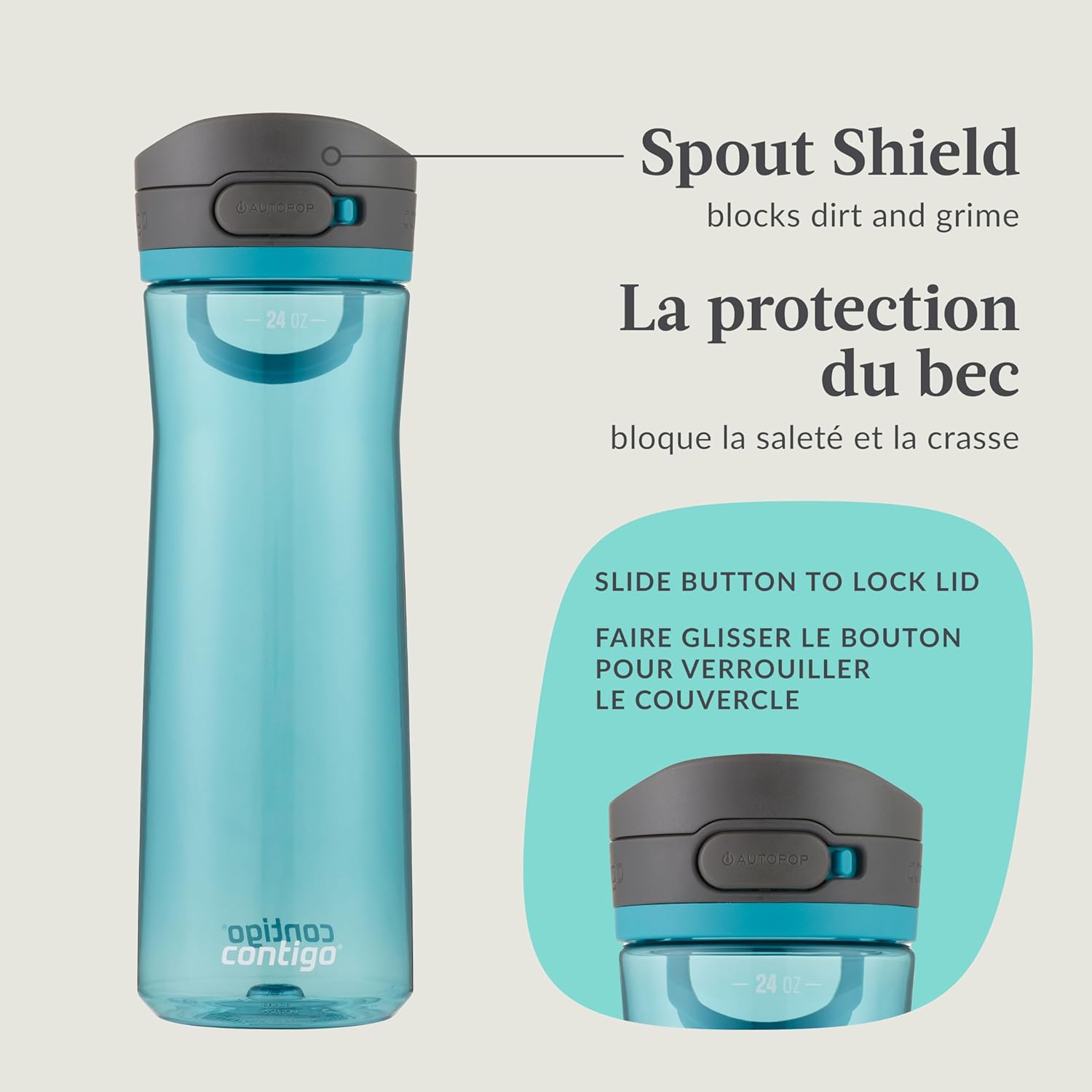 Contigo - Bouteille d'eau avec Couvercle Anti-fuite et Verrouillage, Sans BPA, Capacité de 709ml, Turquoise - Simple Boutique