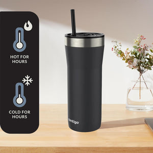 Contigo - Gobelet en Acier Inoxydable Isolé avec Couvercle Anti-éclaboussures et Paille, Capacité de 946ml, Noir - Simple Boutique