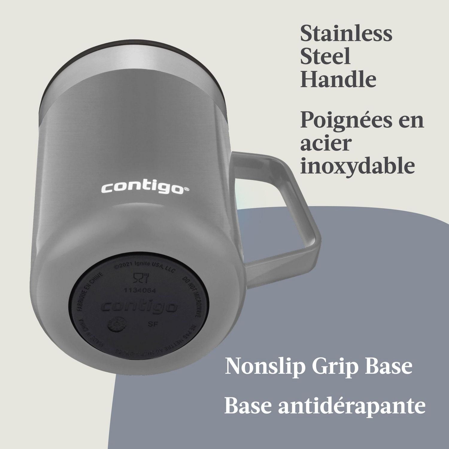 Contigo - Tasse de Voyage avec Anse Streetervlle en Acier Inoxydable avec Couvercle Coulissant, Isotherme, Capacité de 14oz / 414ml, Gris Saké - Simple Boutique