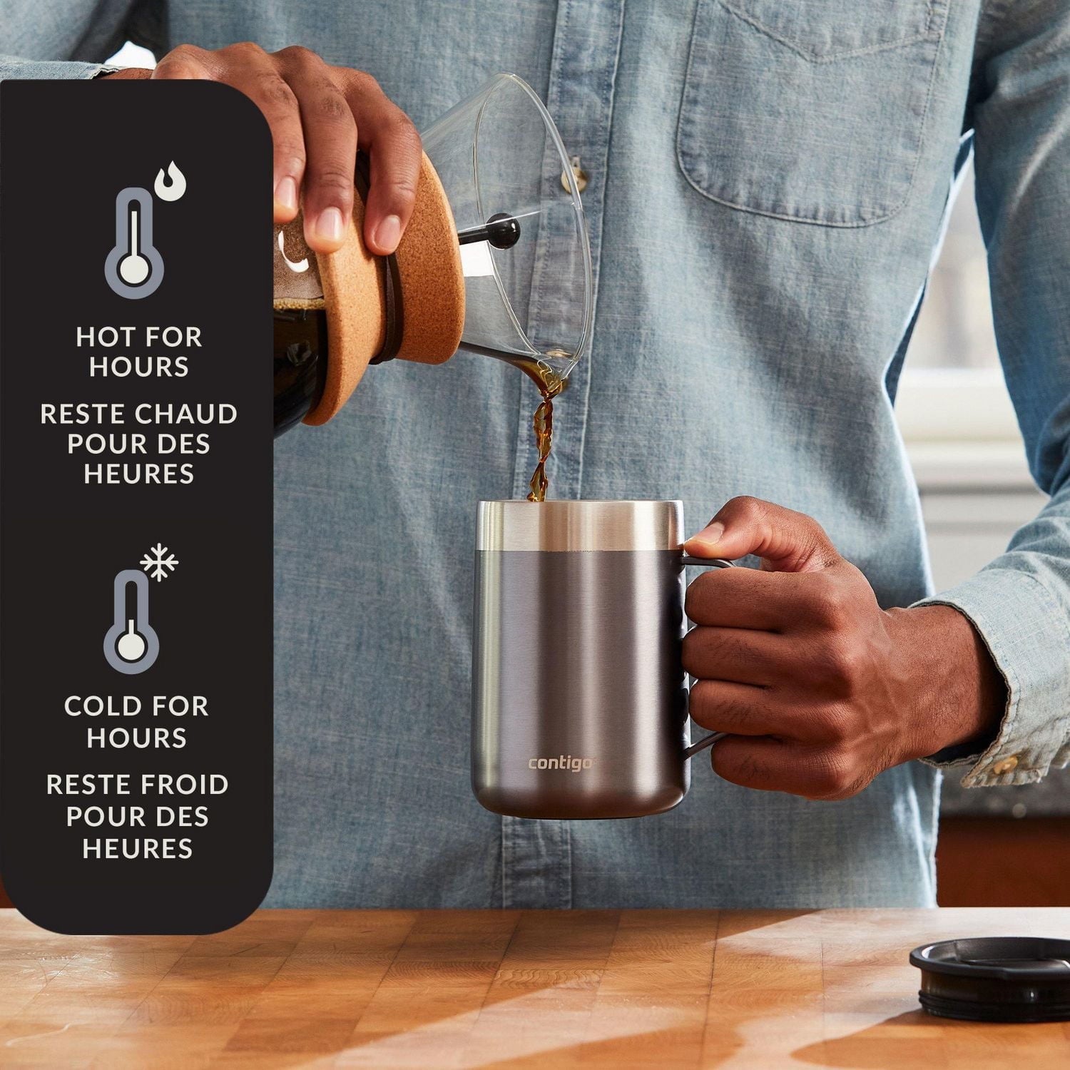 Contigo - Tasse de Voyage avec Anse Streetervlle en Acier Inoxydable avec Couvercle Coulissant, Isotherme, Capacité de 14oz / 414ml, Gris Saké - Simple Boutique