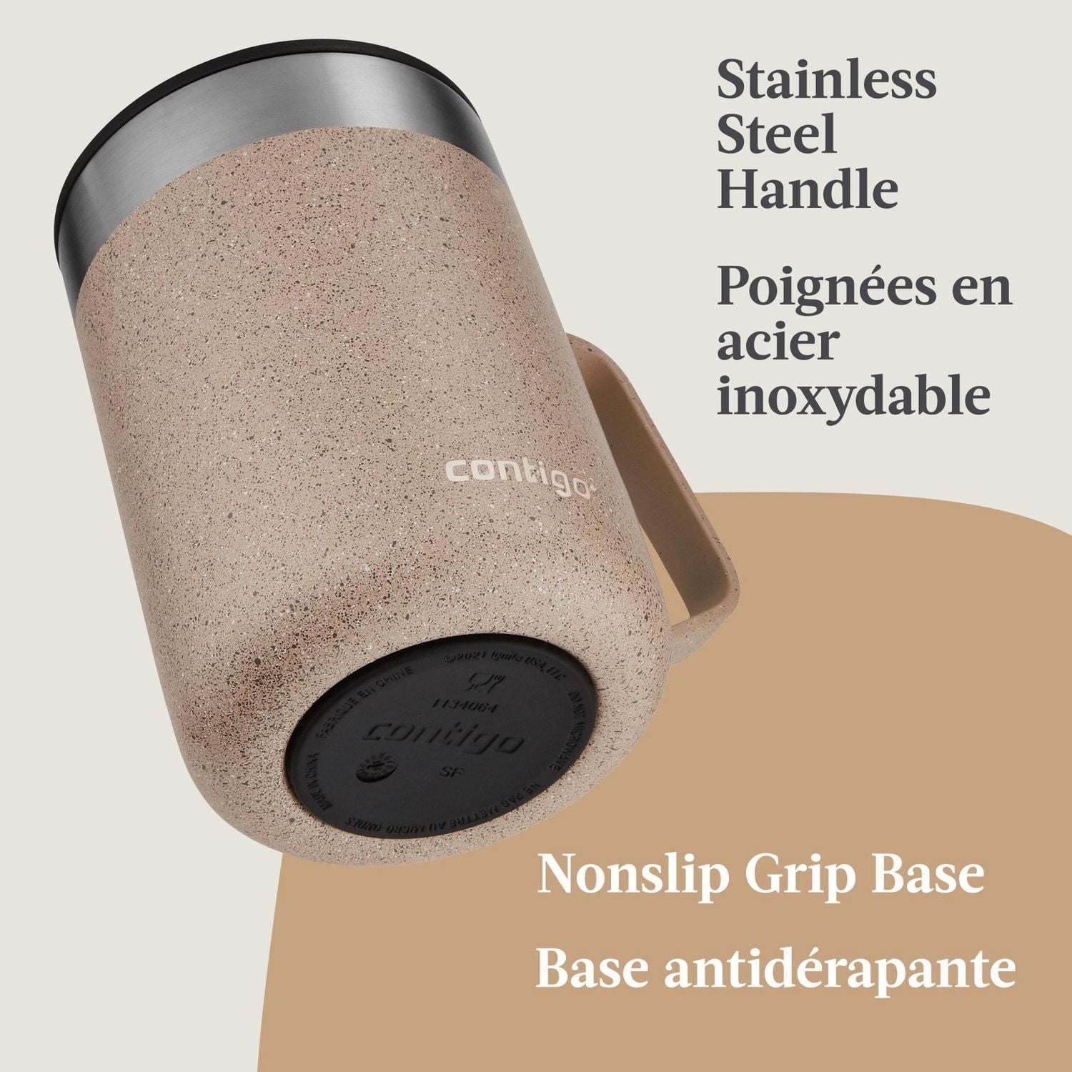Contigo - Tasse de Voyage avec Anse Streetervlle en Acier Inoxydable avec Couvercle Coulissant, Isotherme, Capacité de 14oz / 414ml, Moucheté de Cassonade - Simple Boutique