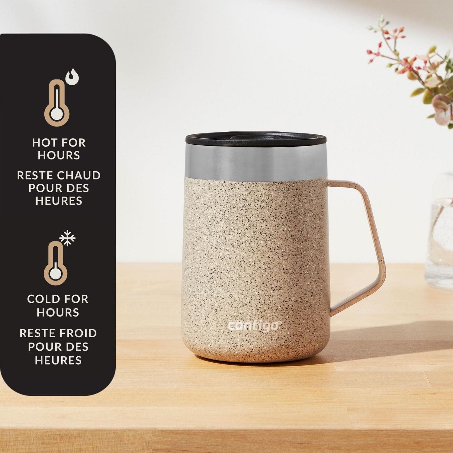 Contigo - Tasse de Voyage avec Anse Streetervlle en Acier Inoxydable avec Couvercle Coulissant, Isotherme, Capacité de 14oz / 414ml, Moucheté de Cassonade - Simple Boutique