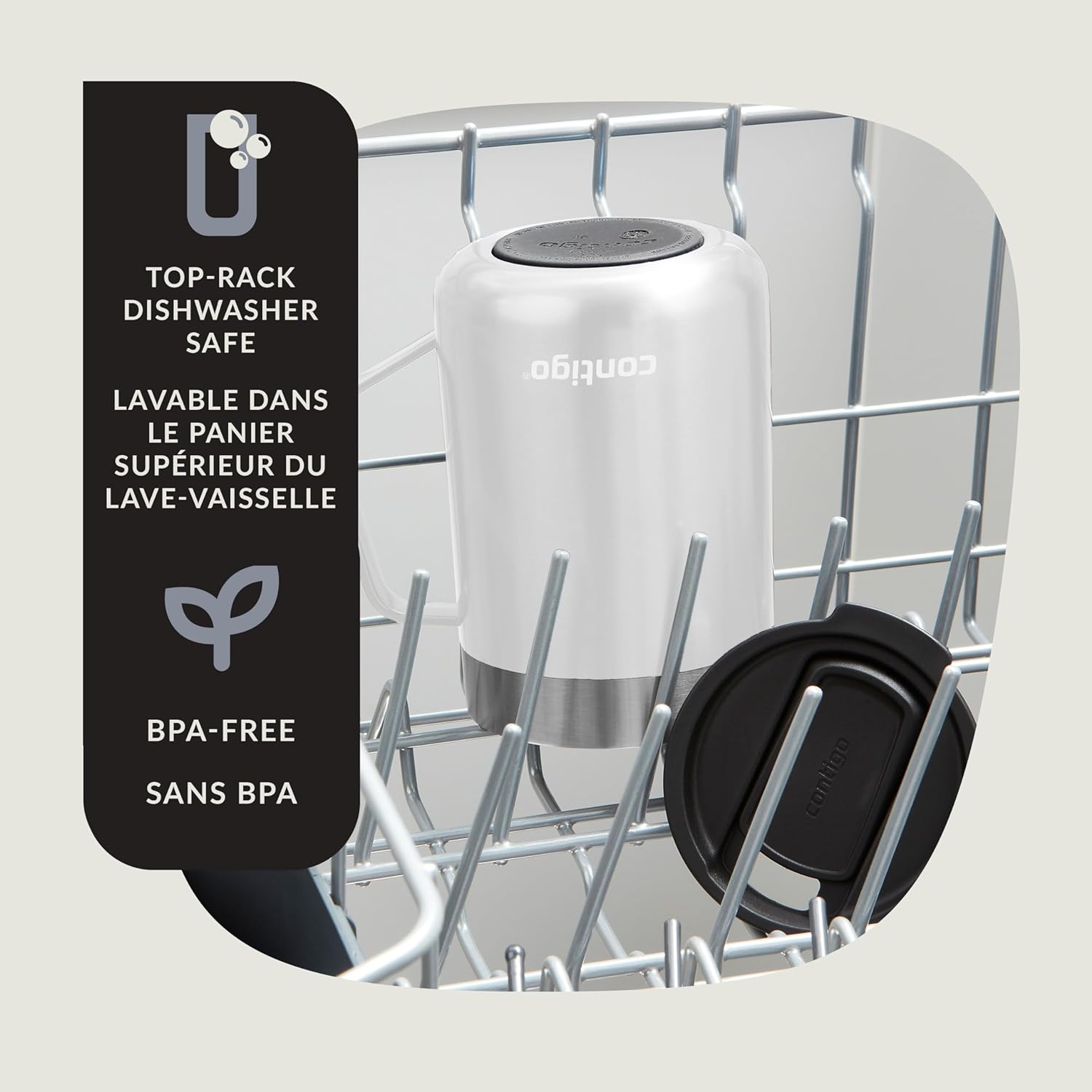 Contigo - Tasse de Voyage en Acier Inoxydable Isolé, Couvercle Anti-éclaboussures, Capacité de 414ml, Blanc - Simple Boutique