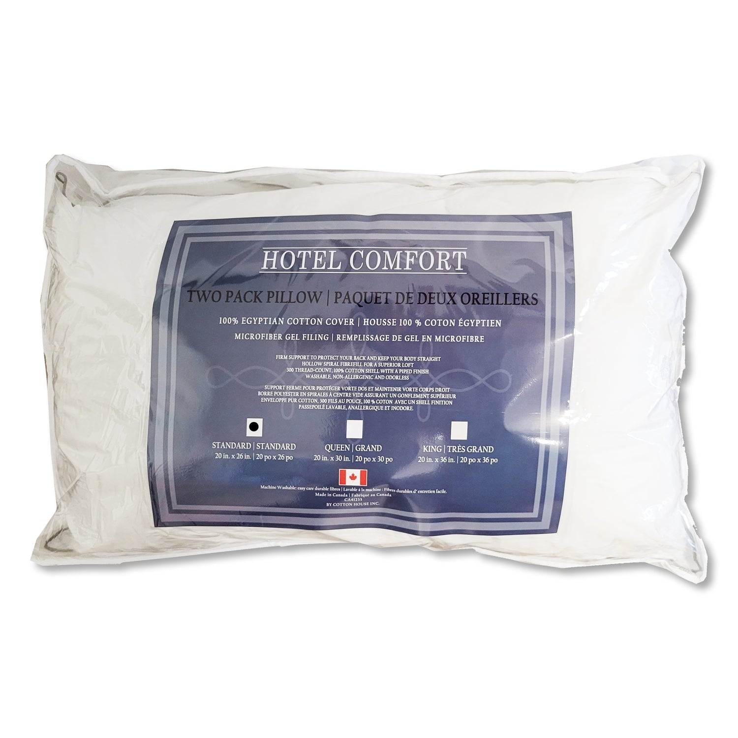 Cotton House - Ensemble de Deux Oreillers, Gel en Microfibre, Housse 100% Coton Égyptien, Grandeur Standard, Fabriqué au Canada - Simple Boutique