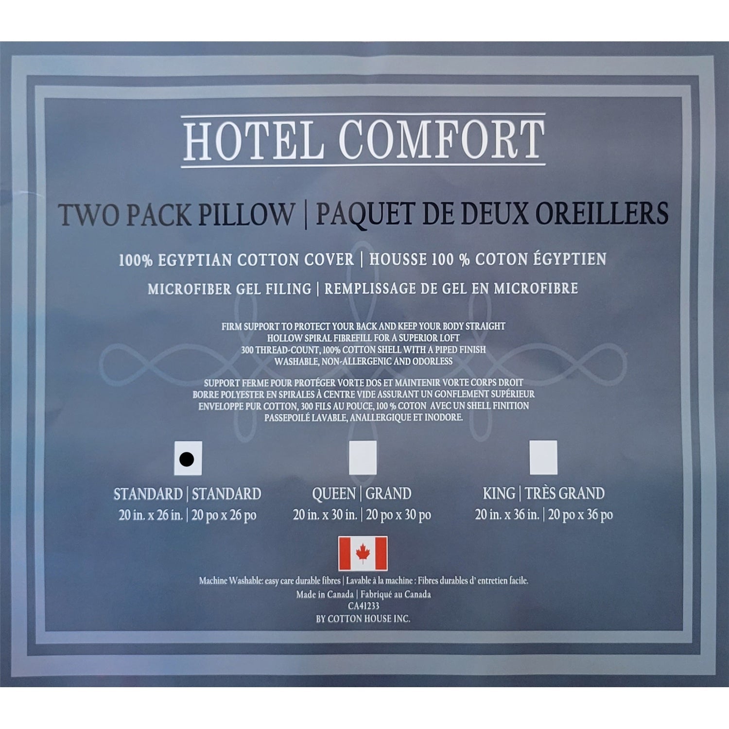Cotton House - Ensemble de Deux Oreillers, Gel en Microfibre, Housse 100% Coton Égyptien, Grandeur Standard, Fabriqué au Canada - Simple Boutique