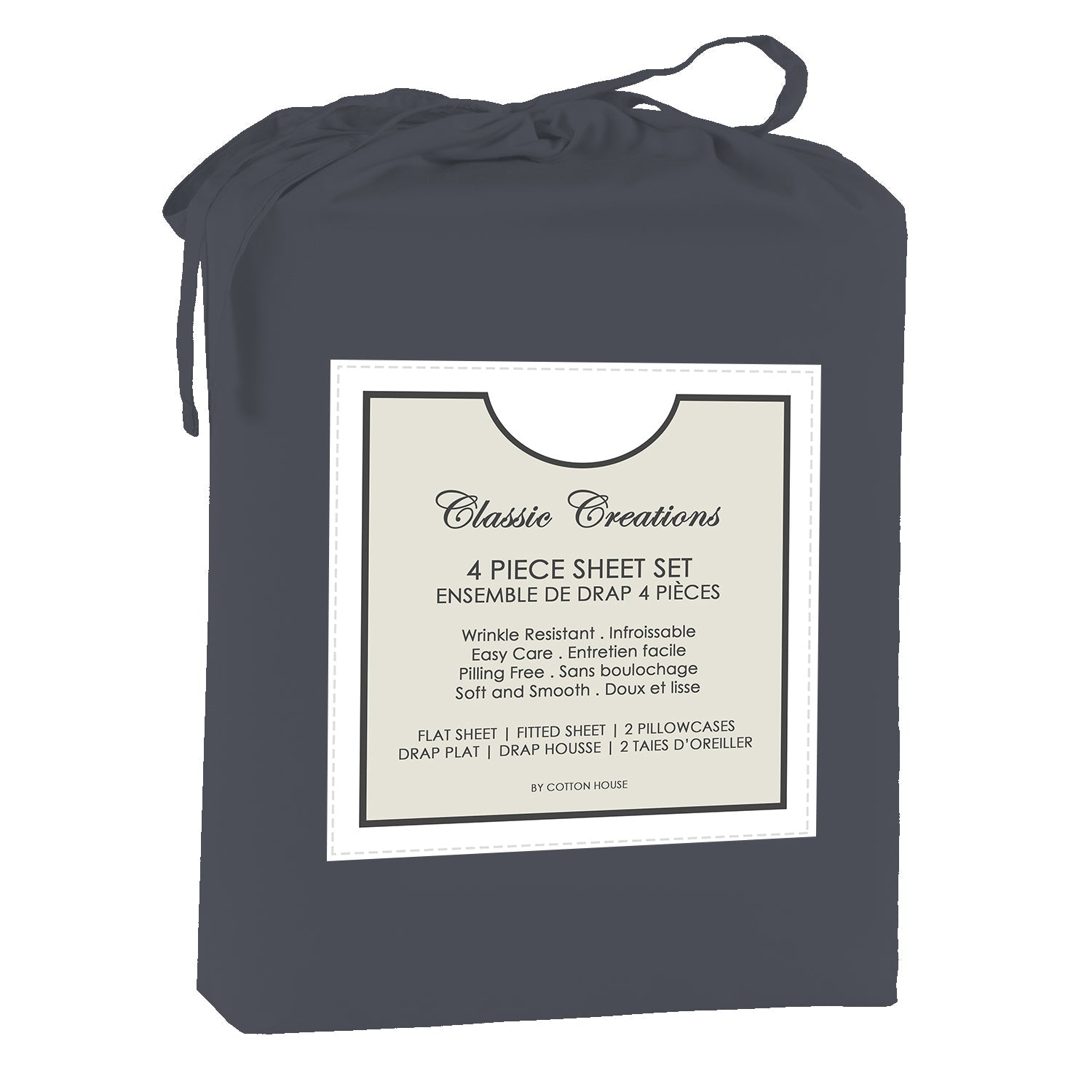 Cotton House - Ensemble de Drap en Microfibre Infroissable, Grandeur Queen, Gris Foncé - Simple Boutique