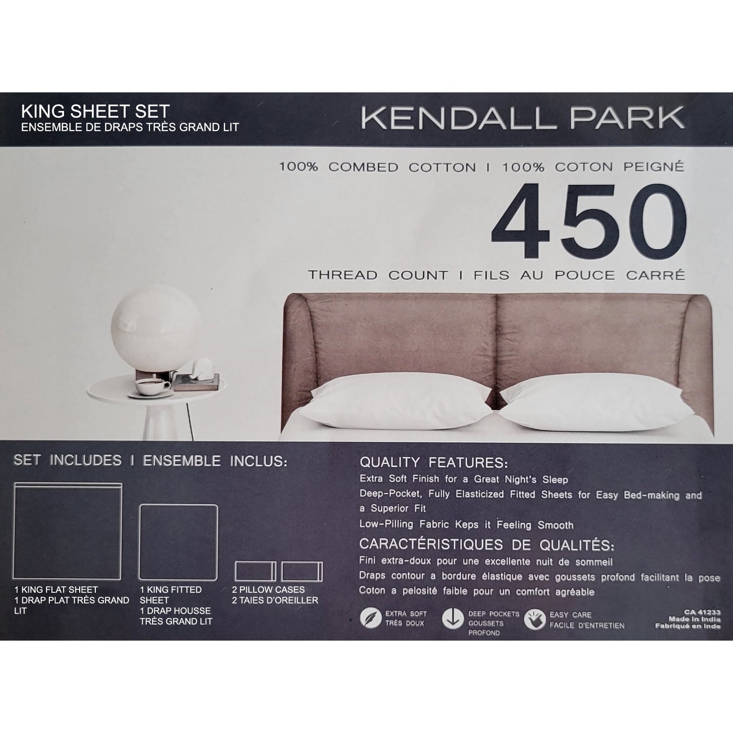 Cotton House - Ensemble de Draps 100% Coton, 450 Fils au Pouce Carré, Grandeur King, Blanc - Simple Boutique