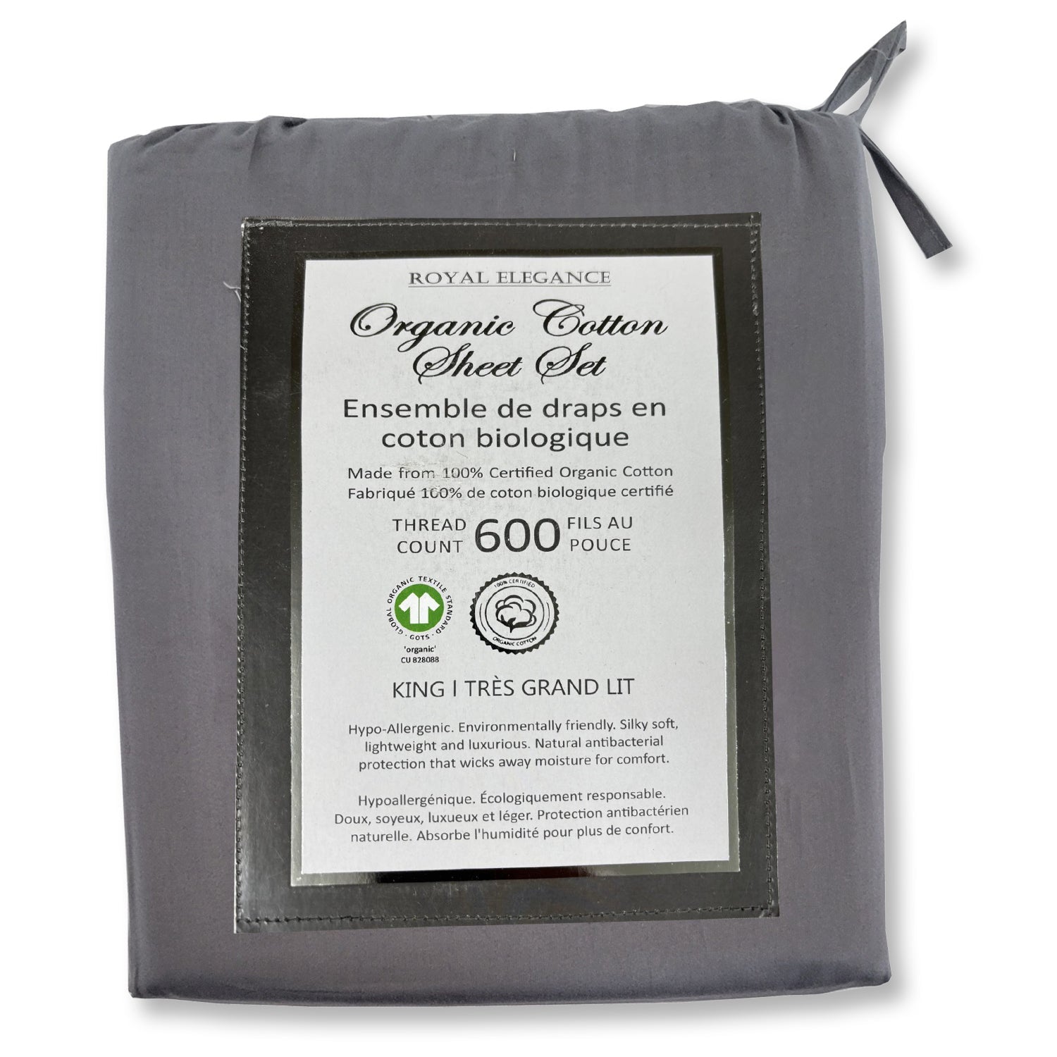 Cotton House - Ensemble de Draps en Coton Biologique, 600 Fils Par Pouce, Grandeur King, Gris Foncé - Simple Boutique