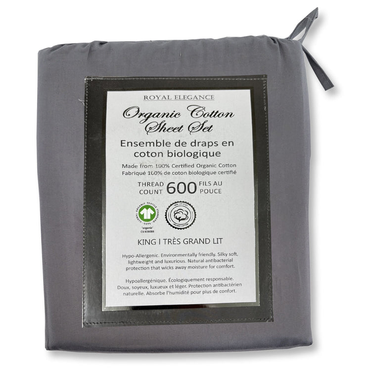 Cotton House - Ensemble de Draps en Coton Biologique, 600 Fils Par Pouce, Grandeur King, Gris Foncé - Simple Boutique