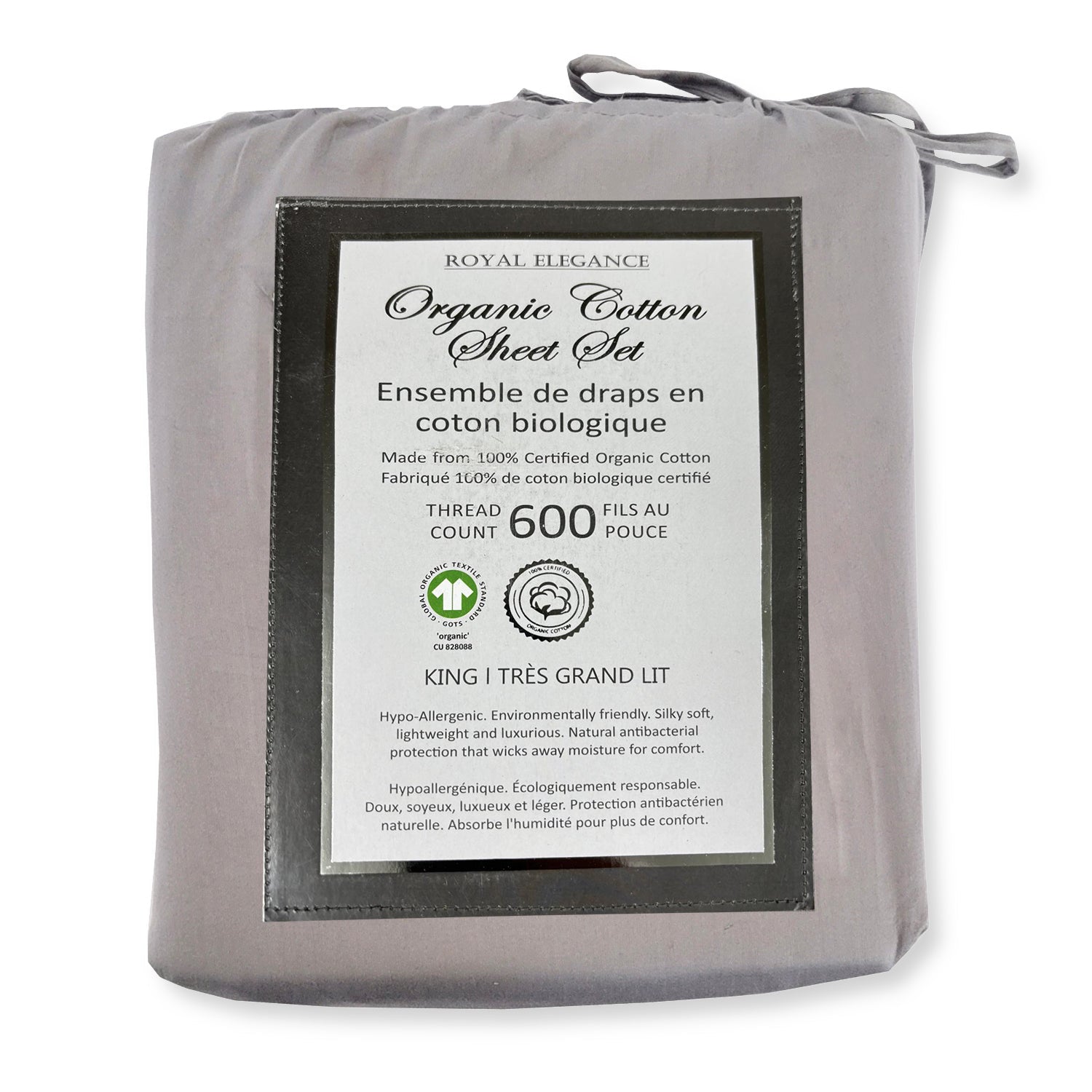 Cotton House - Ensemble de Draps en Coton Biologique, 600 Fils Par Pouce, Grandeur King, Gris Pâle - Simple Boutique