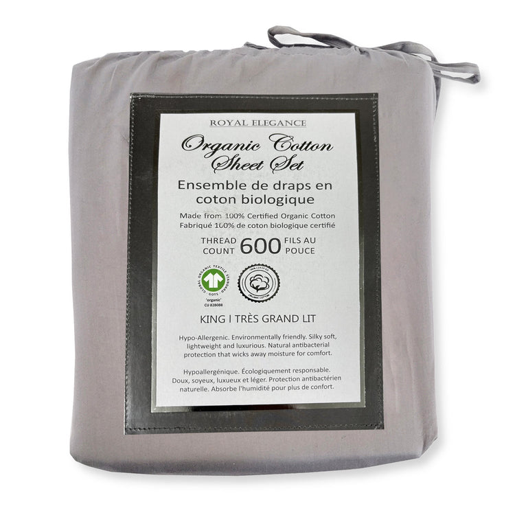 Cotton House - Ensemble de Draps en Coton Biologique, 600 Fils Par Pouce, Grandeur King, Gris Pâle - Simple Boutique