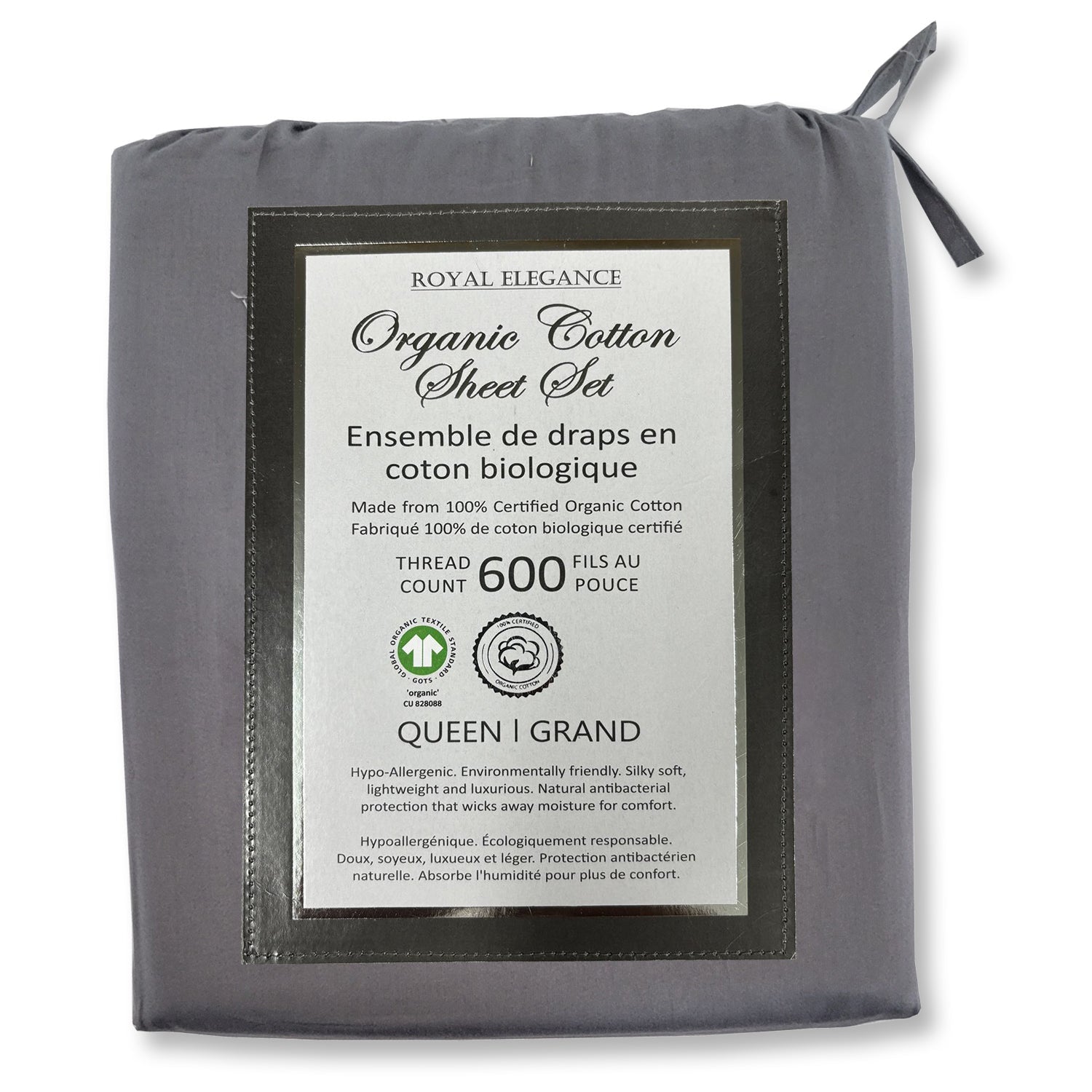 Cotton House - Ensemble de Draps en Coton Biologique, 600 Fils Par Pouce, Grandeur Queen, Gris Foncé - Simple Boutique