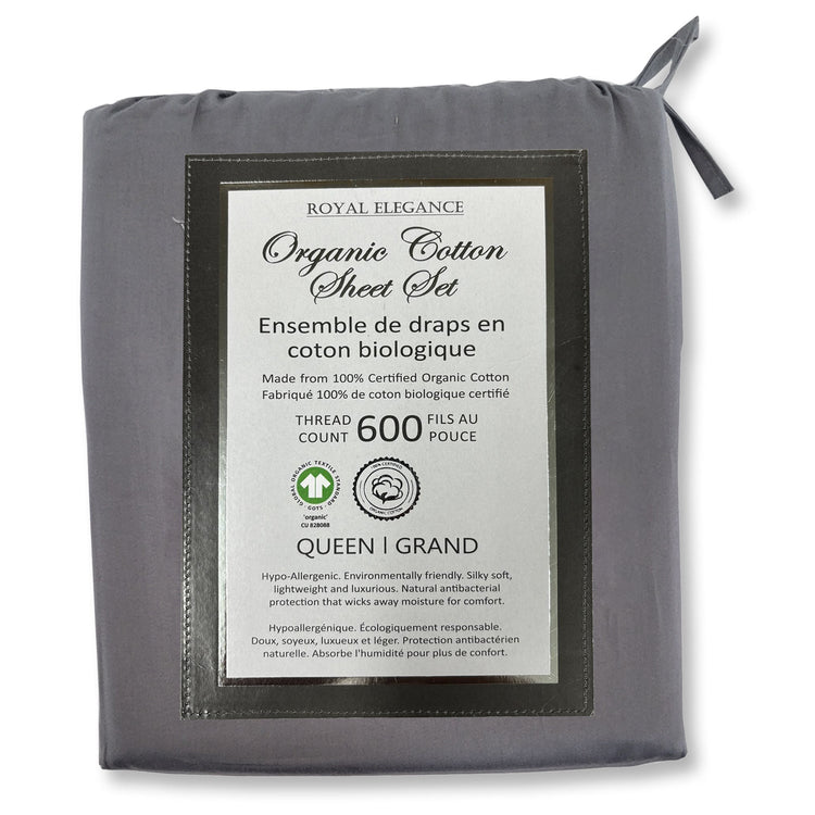 Cotton House - Ensemble de Draps en Coton Biologique, 600 Fils Par Pouce, Grandeur Queen, Gris Foncé - Simple Boutique