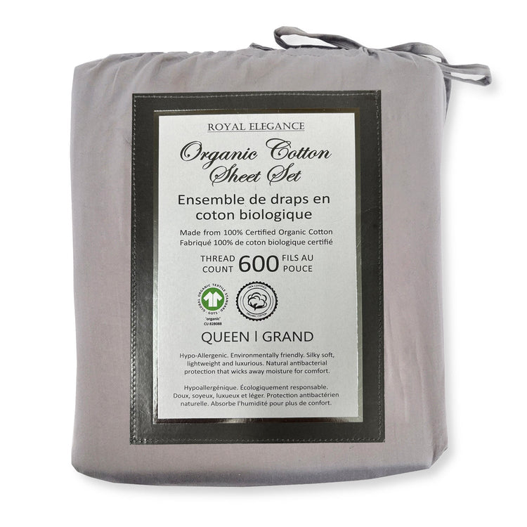 Cotton House - Ensemble de Draps en Coton Biologique, 600 Fils Par Pouce, Grandeur Queen, Gris Pâle - Simple Boutique