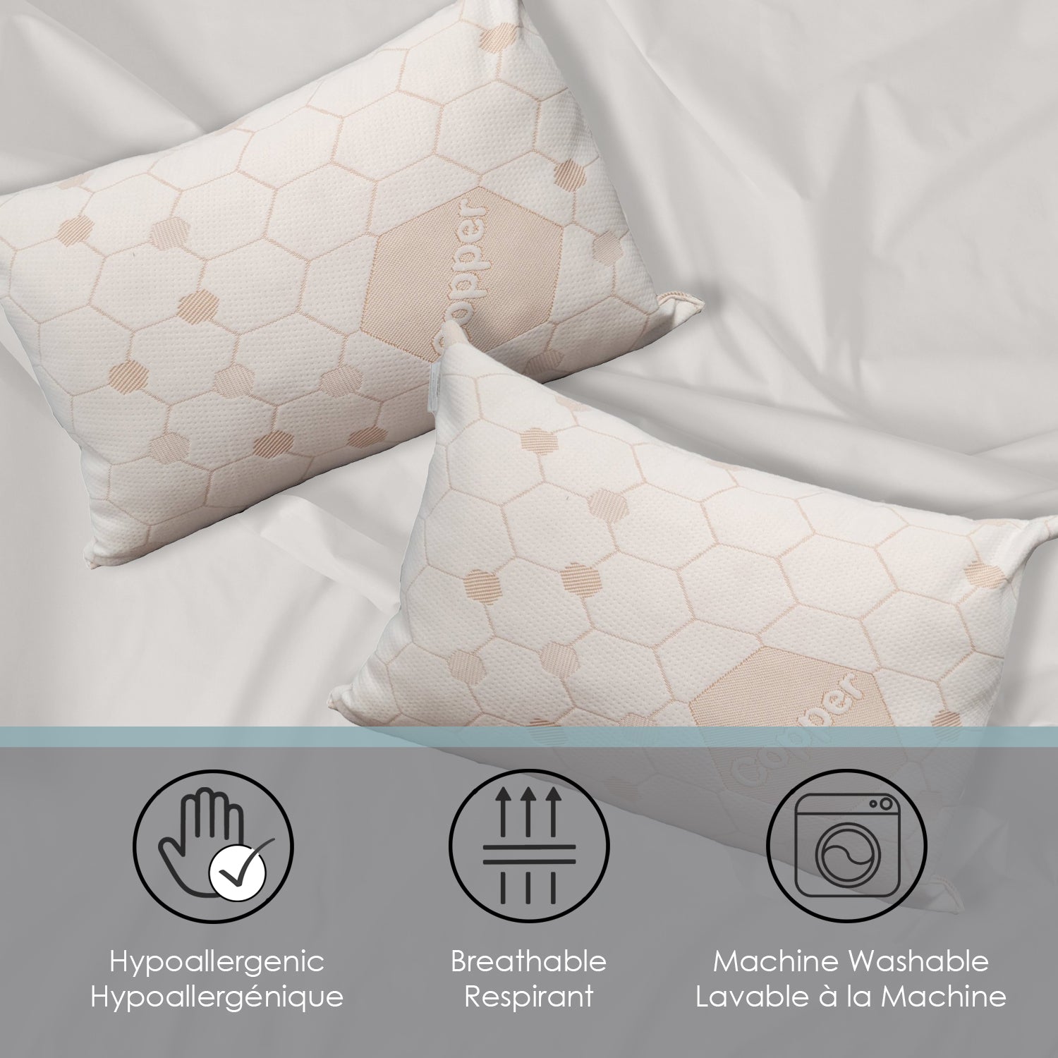 Cotton House - Oreiller Infusé de Cuivre, Hypoallergénique, Grandeur Queen, Fabriqué au Canada - Simple Boutique