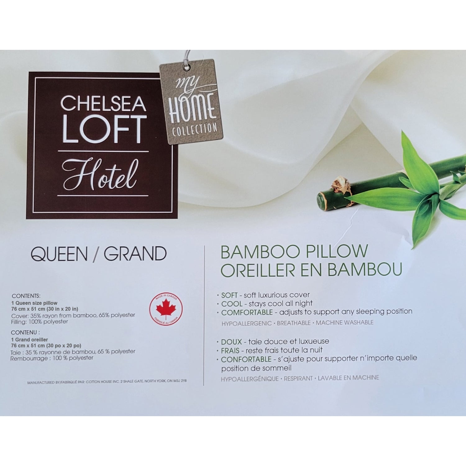 Cotton House - Oreiller en Bambou, Hypoallergénique, Grandeur Queen, Fabriqué au Canada - Simple Boutique