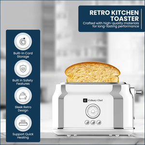 Culinary Chef Grille-Pain Rétro 2 Tranches – Fentes Larges, 5 Niveaux de Brunissage, Bagel, Décongélation et Annulation – 900W – Blanc - Simple Boutique