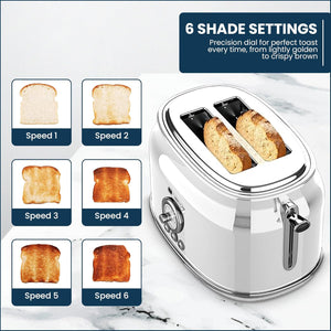 Culinary Chef Grille-Pain Rétro 2 Tranches – Fentes Larges, 5 Niveaux de Brunissage, Bagel, Décongélation et Annulation – 900W – Blanc - Simple Boutique