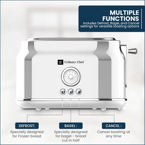 Culinary Chef Grille-Pain Rétro 2 Tranches – Fentes Larges, 5 Niveaux de Brunissage, Bagel, Décongélation et Annulation – 900W – Blanc - Simple Boutique