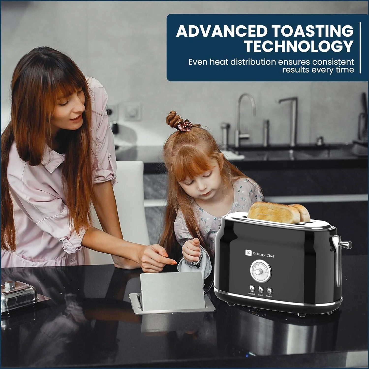 Culinary Chef Grille-Pain Rétro 2 Tranches – Fentes Larges, 5 Niveaux de Brunissage, Bagel, Décongélation et Annulation – 900W – Noir - Simple Boutique