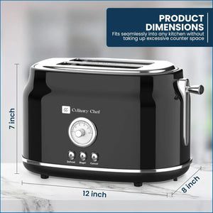 Culinary Chef Grille-Pain Rétro 2 Tranches – Fentes Larges, 5 Niveaux de Brunissage, Bagel, Décongélation et Annulation – 900W – Noir - Simple Boutique
