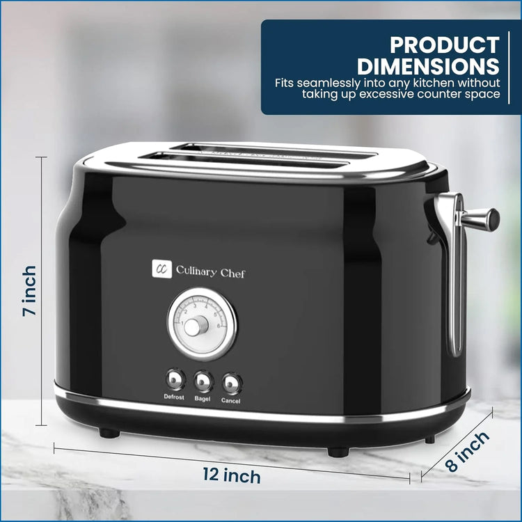 Culinary Chef Grille-Pain Rétro 2 Tranches – Fentes Larges, 5 Niveaux de Brunissage, Bagel, Décongélation et Annulation – 900W – Noir - Simple Boutique
